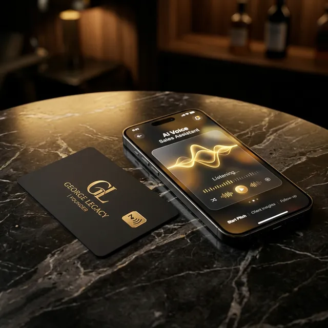 YourLegacy Tech AI Voice Assistant on a phone next to a smart NFC card